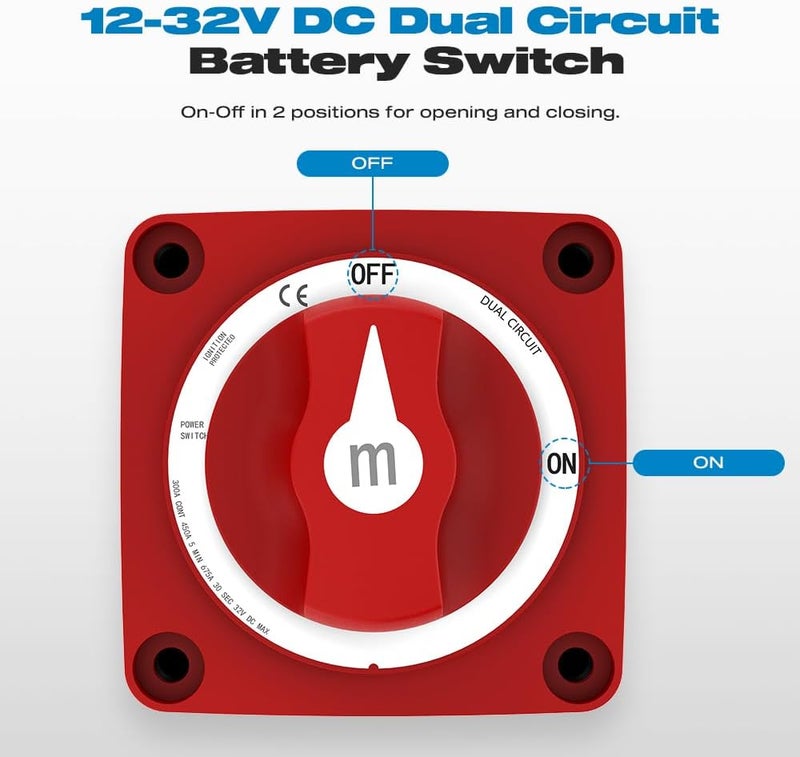 Malictele Battery Disconnect Switch, 300A ON/Off Heavy Duty Cutoff Switch 12V-48V Waterproof Ignition Protected Power Kill Switch with Knob for Marine, Boat, Car, RV, Truck Battery -Dual Circuit - Image 5